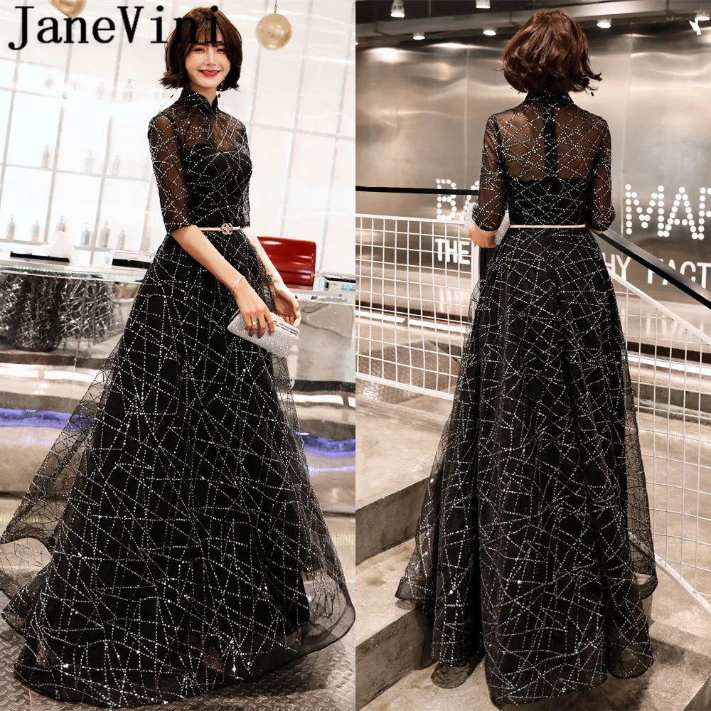 Женское вечернее платье с блестками JaneVini Черное длинное коротким рукавом