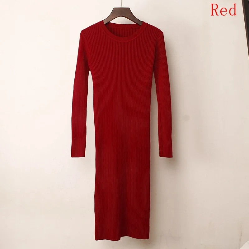red 858 GIGOGOU толстое теплое Женское зимнее платье длинное тонкое трикотажное платье осеннее с круглым вырезом до середины икры женское платье-свитер - Цвет: red 858