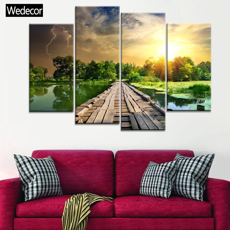 5 Pieces HD Wooden bridge Pier to the Lake Sunset Prints 4 Poster Wall Art 3 Canvas Painting For Living Room W319-7 | Дом и сад