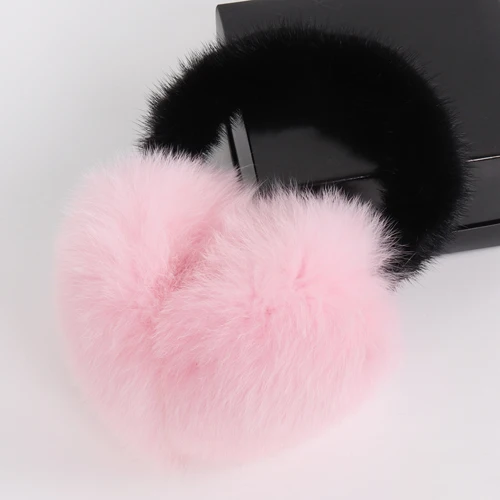 PINK Пушистые настоящие меховые наушники с лисой, зимние теплые женские меховые наушники с натуральным лисьим мехом, новые женские роскошные наушники из натурального меха норки - Цвет: PINK