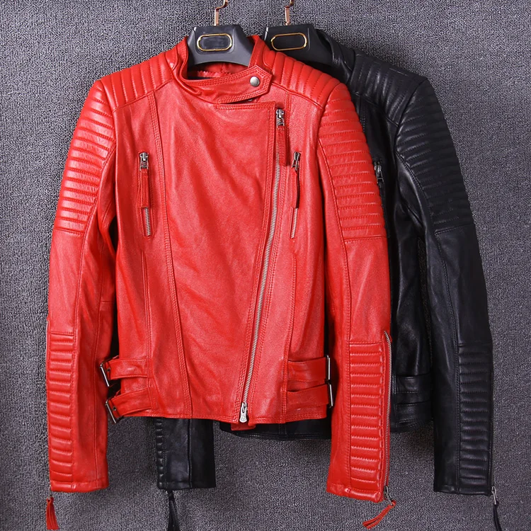 New fashion woman genuine sheepskin lambskin leather coat motorcycle biker jacket for ladies female clothing red black xxxl 3xl