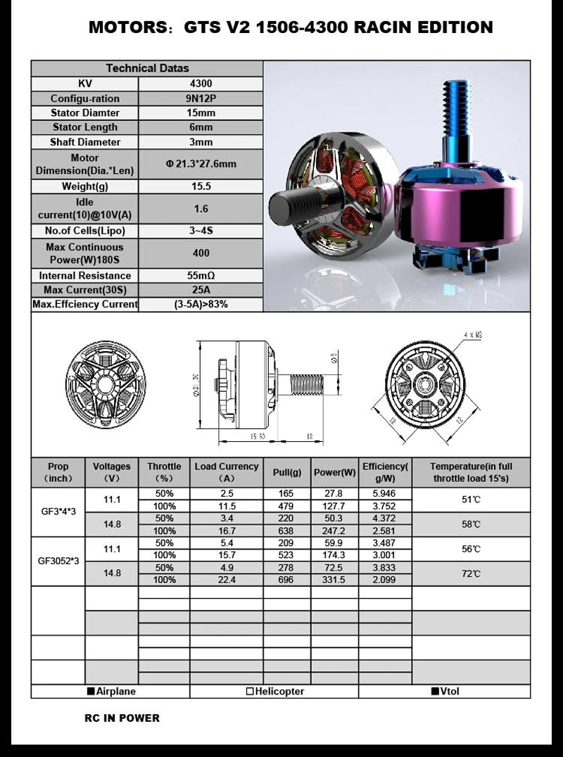 4 шт. RCi GTS V 1506 бесщеточный двигатель 3000KV 4300KV мини 15 5g розовые двигатели для