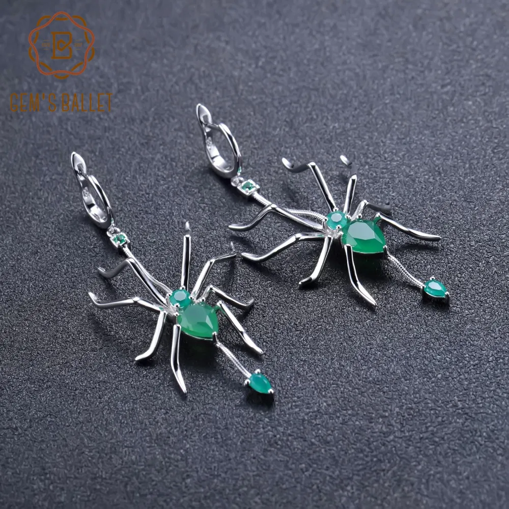 Женские Балетные сережки GEM'S из натурального зеленого агата и паука серебра 925