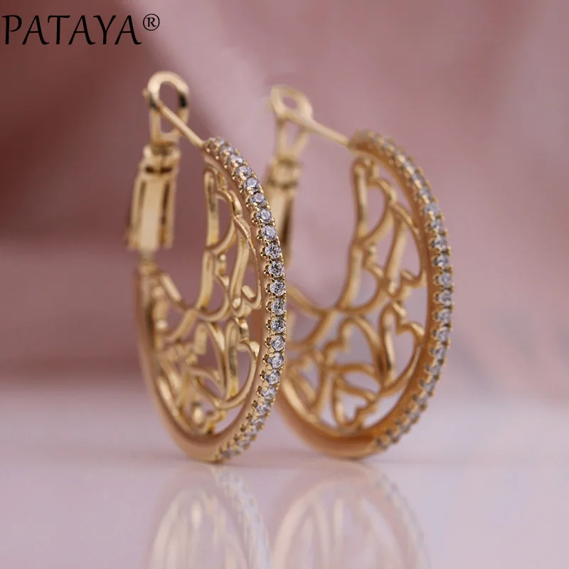 PATAYA, новинка, милые, полые, кружевные, круглые свисающие серьги, 585, розовое золото, белый, Круглый, натуральный циркон, для женщин, для свадьбы, хорошее, модное ювелирное изделие