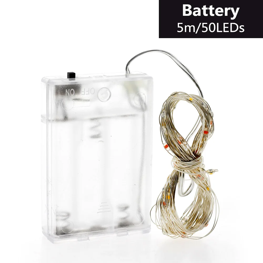 Battery Case 50LEDs Светодиодный светильник-гирлянда из медной проволоки на батарейках, светильник-гирлянда, праздничный светильник, для свадебной вечеринки, украшения рождественской елки, 5 м, 10 м - Испускаемый цвет: Battery Case 50LEDs