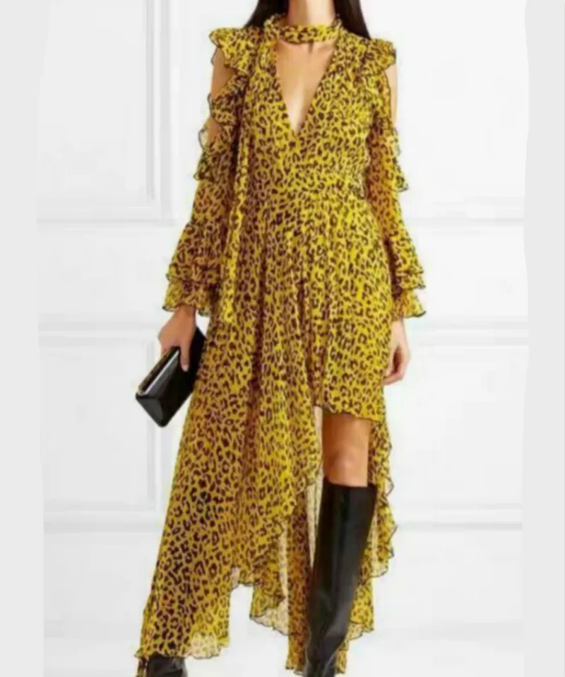 Runway 2019 Summer Maxi Long Dresses Chiffon Luxury Leopard Print Irregular Collection Sexy V-neck Hollow Out Back Ruffles Dress | Женская