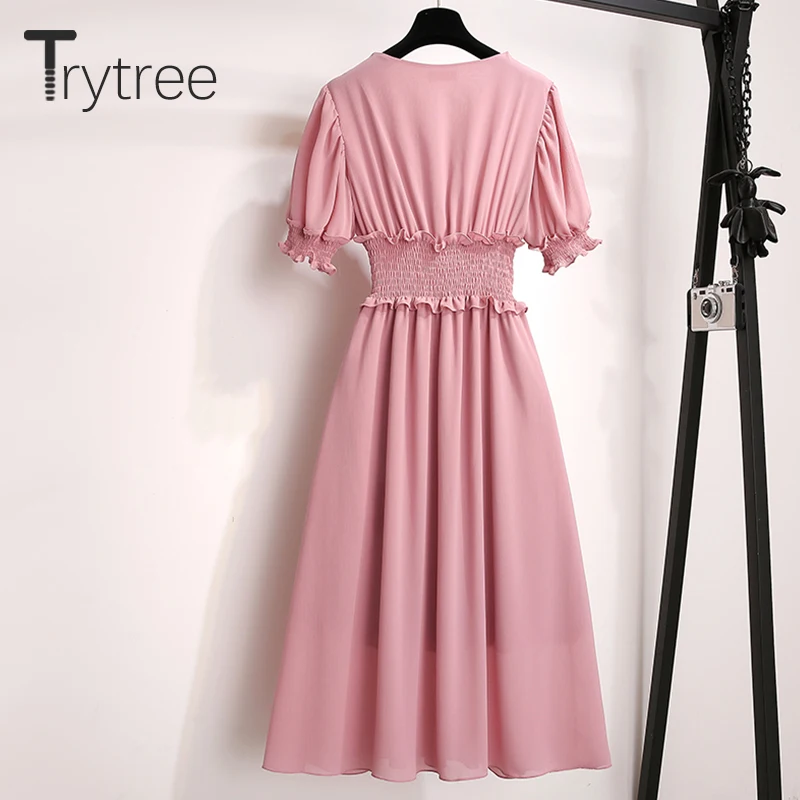 Женское платье трапеция Trytree повседневное однотонное до середины икры с оборками