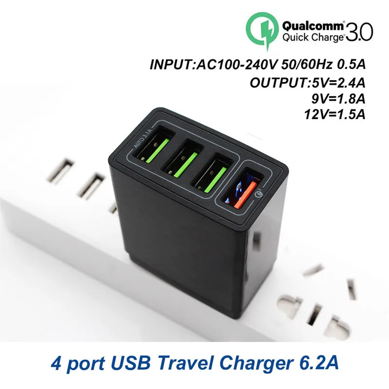 4 порта для телефонов, быстрое зарядное устройство QC 3,0, 4 USB кабеля, штепсельная вилка стандарта ЕС/США, максимальное быстрое зарядное устройство s, зарядка для iphone XR XS Plus, samsung, huawei, Apple