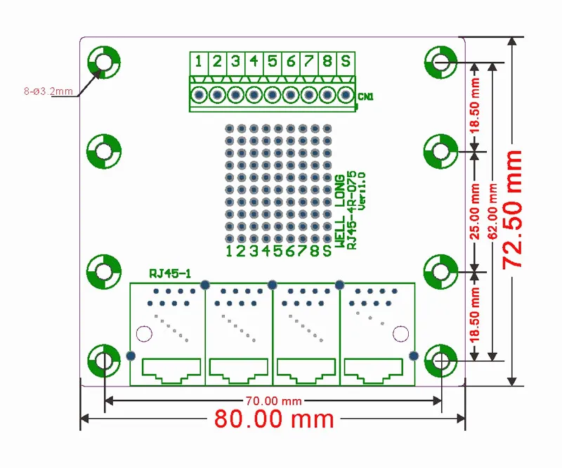 RJ45 8P8C правый угол Jack4-Way шины коммутационная плата, клеммный блок, разъем