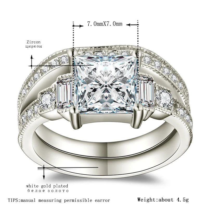 POTCET White Gold Color Rings for Women Wedding Geometric Square AAA Zircon Trendy Romantic Jewelry Bague Bijoux Size 6-10 R1124 | Украшения