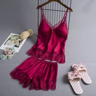 wine red Daeyard женские пижамы Лето шелковые пижамы набор Cami и шорты с кружевной отделкой сексуальное женское белье Женские повседневные пижамы костюмы - Цвет: wine red