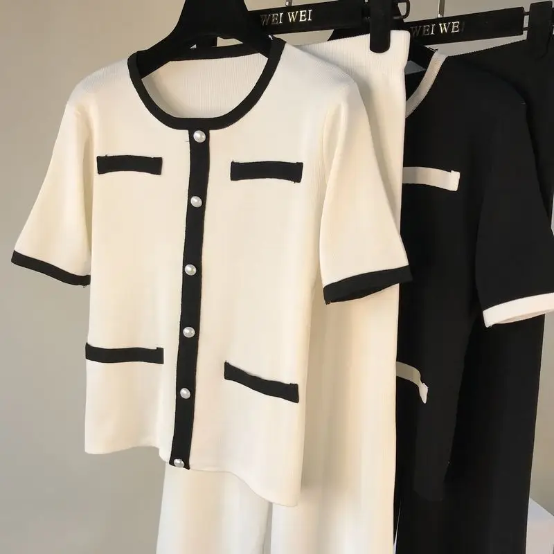 ALPHALMODA вязаный костюм с круглым вырезом и короткими рукавами+ широкие брюки, двухсекционный костюм, женские летние модные трикотажные брюки