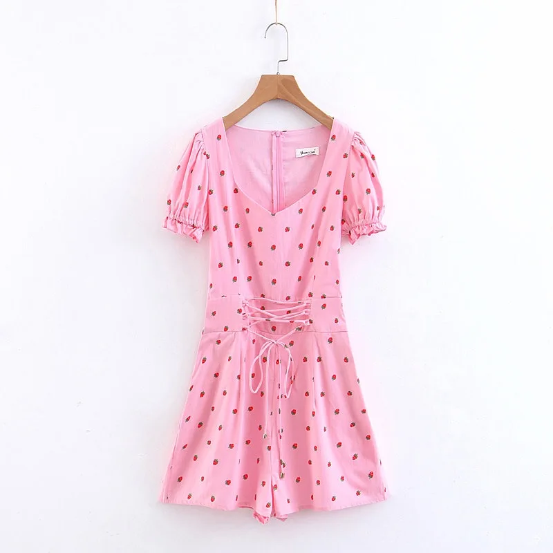 2019 Новые Сладкая клубника с короткими пышными рукавами короткий комбинезон Для
