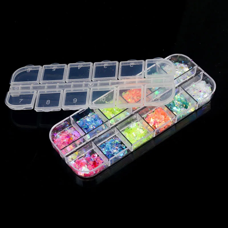 

ZKO 1 Set Nail Glitter 12 Candy Color Mixed Ice Mylar Shell Foils Nail Art Flakes Manicure Nails Tips Decorations 3D Designs