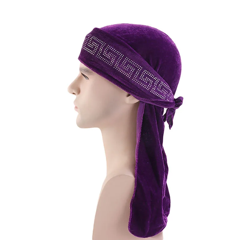 Purple Роскошный бархат Durag Rhinestoned Wrap do rag - Цвет: Purple