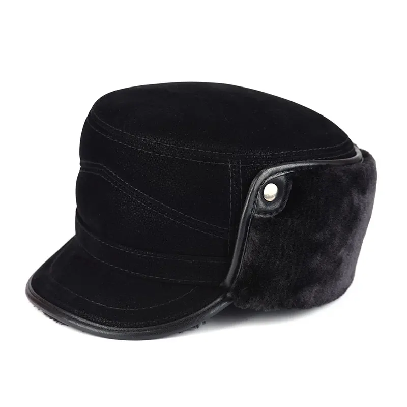 Men's winter flat top thick and durable ear protector artificial leather warm outdoor aviator hat father husband's gif | Аксессуары