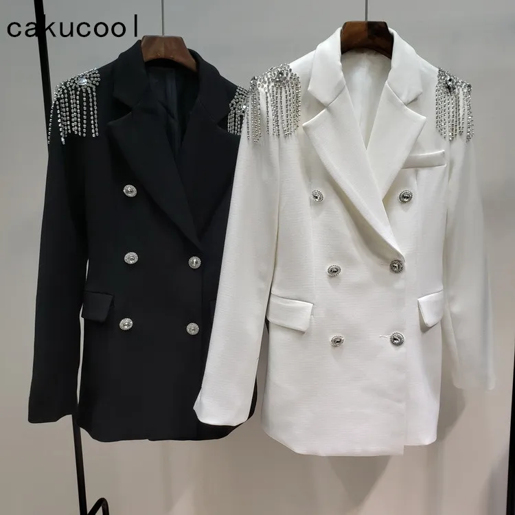 Женский однобортный пиджак Cakucool облегающий с бриллиантами на плечах Офисная