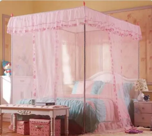 Белая кружевная Четырехугольная стойка для кровати навес москитная сетка