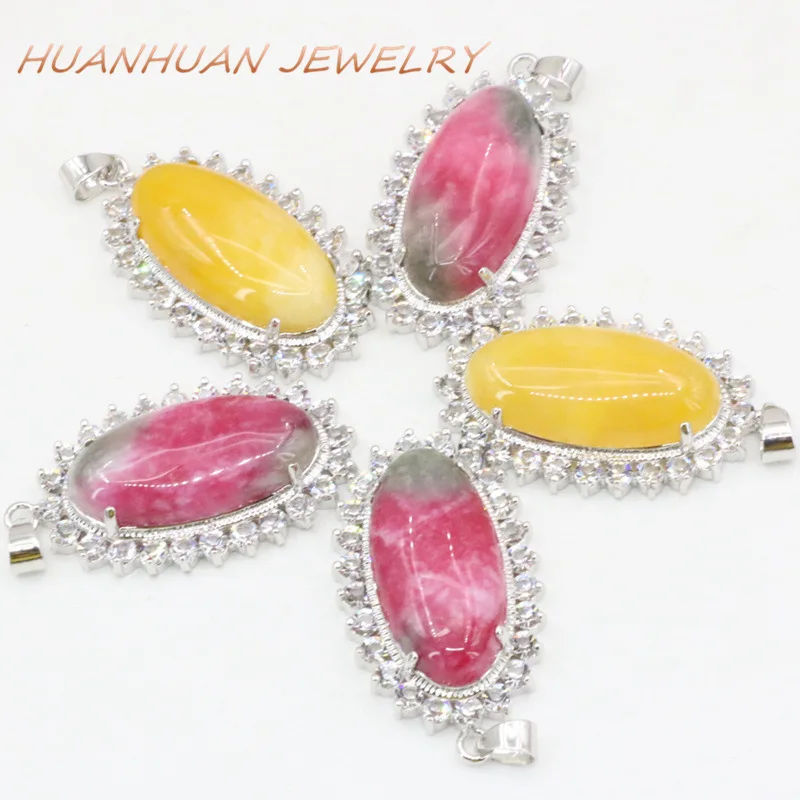

Silver-Color Stainless Steel Crystal Pendant For Women Chain Necklace Natural Jades Oval Stone Pendants 24x42mm Jewelry B3363