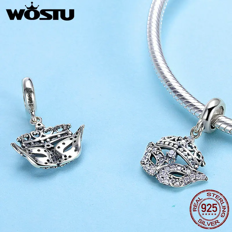 WOSTU, модный дизайн, 925 пробы, серебряная сверкающая маска, висячая, шарм, подходит, браслет из бусин, сделай сам для женщин, ювелирные изделия CQC702