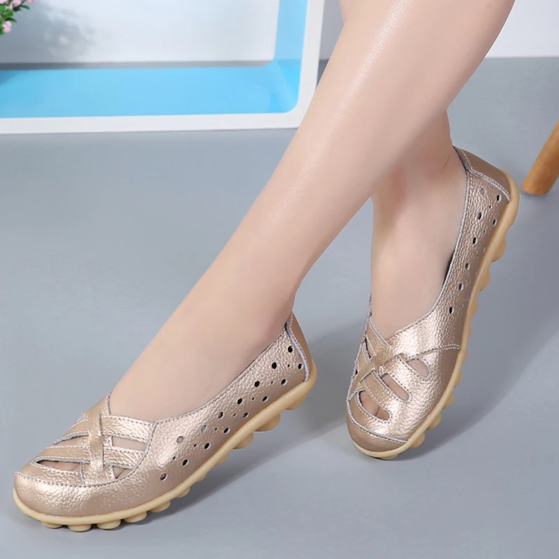 

Women Genuine Leather Shoes Women Flats Spring Soft Slip-On Loafers 2019 New Arrival Cut-Outs Flat Peas Non-Slip Shoes Ladies