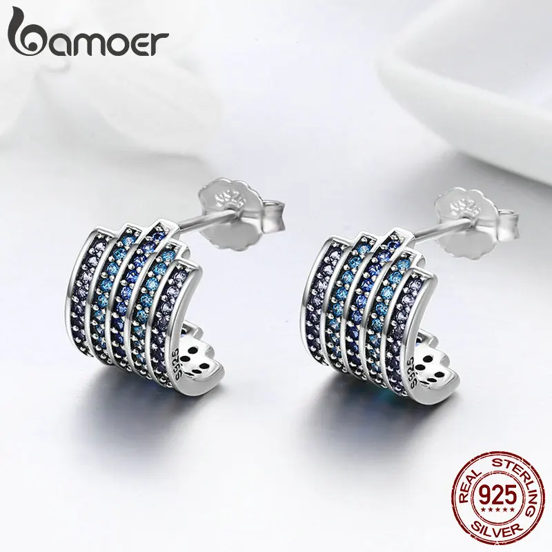 BAMOER, 925 пробы, серебро, постепенное изменение, голубой CZ, изысканные серьги-гвоздики для женщин, модные серьги, ювелирное изделие, подарок SCE285