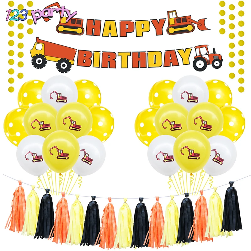 1set Excavator fringed latex balloon pull flower suit children happy birthday party balloons baby shower supplies banner - купить по
