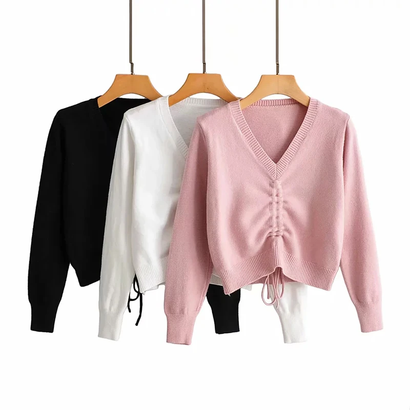 Женский короткий свитер на шнуровке облегающий вязаный джемпер с v-образным