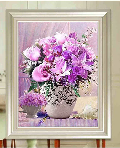 purple Rose QIANZEHUI Рукоделие, сделай сам художественная ваза крест с цветами розы стежка, наборы для вышивания набор печати полная вышивка крестом - Цвет: purple Rose