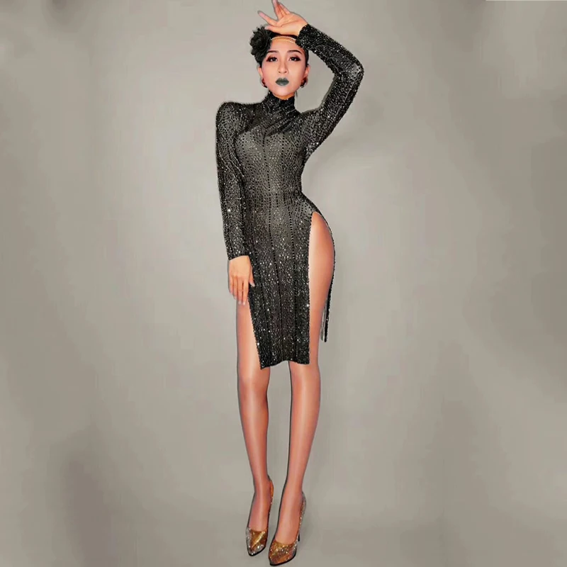 

Sexy Full Rhinestone Dress Lady Evening Party Luxurious Purple Black Long Sleeves Dress Prom Birthday Celebrate Dresses DJ317