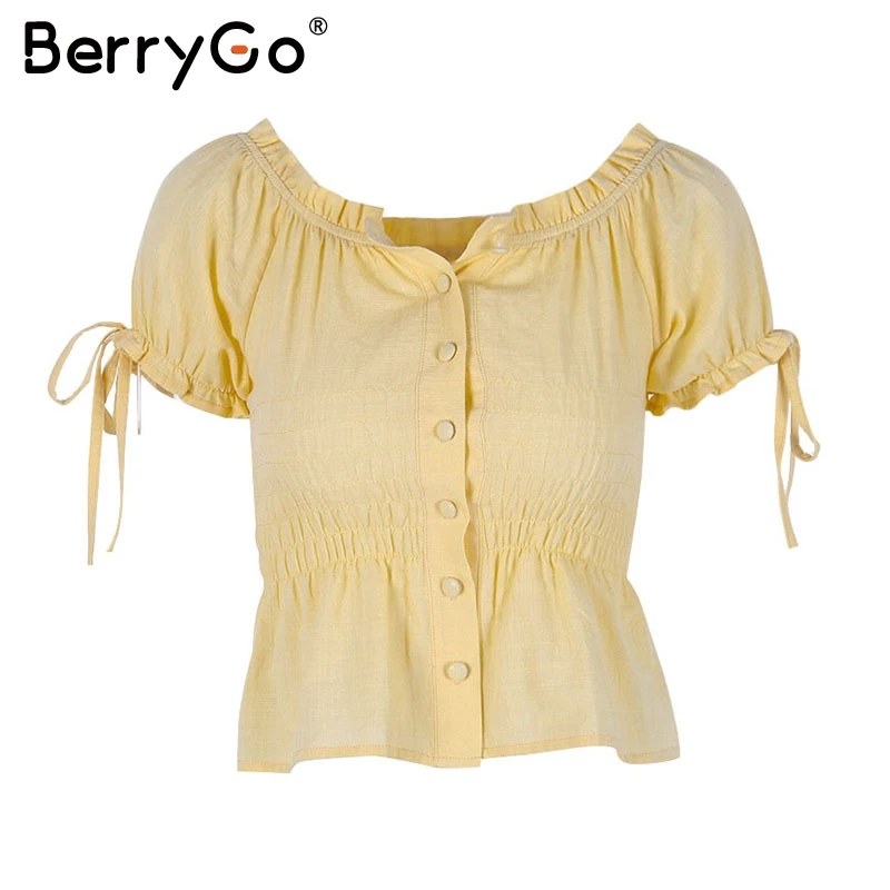 BerryGo Vintage off shoulder women crop top Ruched ruffle button summer blouse shirt Casual streetwear lace up ladies tops blusa |
