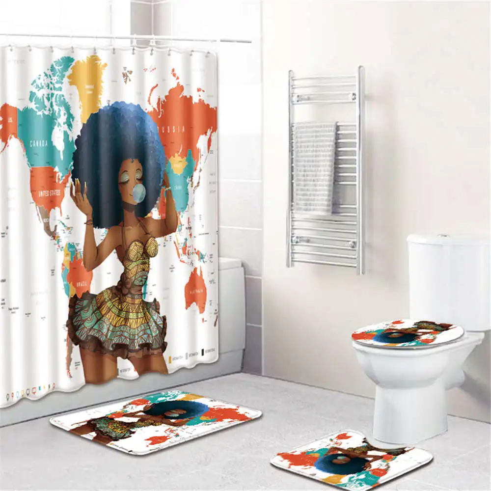 4pcs shower curtain Африканский фланелевый коврик для ванной/коврик для унитаза набор домашнего декора Противоскользящий коврик для унитаза водонепроницаемый душевой занавес набор ковриков для ванной - Цвет: 4pcs shower curtain