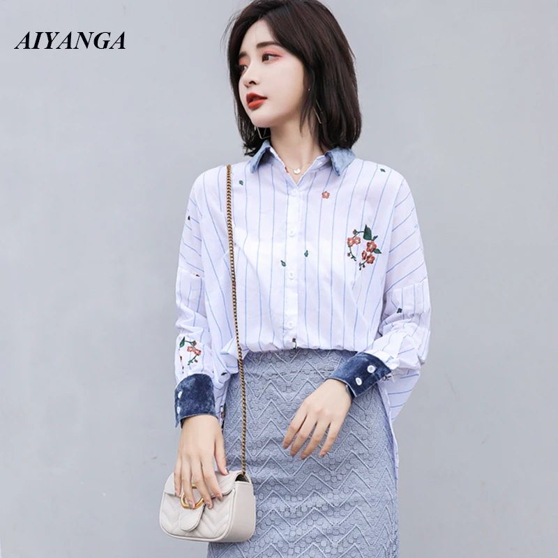 New 2019 Spring Women Embroidery Shirts Female Long Sleeve Stripe Blouses Turn-down Collar Casual Shirt Loose Blouse Tops