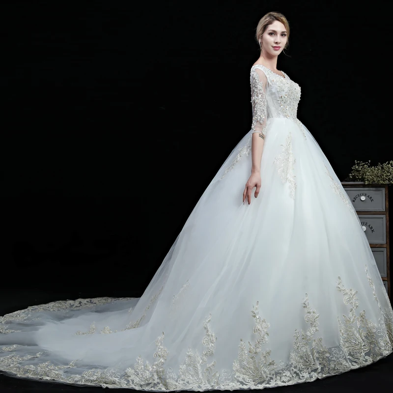 

Real Images New Wedding Gowns Half Sleeves Lace Embroidery Edge Custom Plus Sizes Beads White Ivory Fashion Wedding Dress