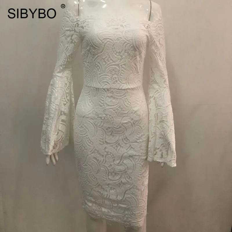 Sibybo кружевное платье с открытыми плечами и расклешенными рукавами женское элегантное вечернее платье с вырезом лодочкой и длинным рукавом осеннее сексуальное облегающее платье