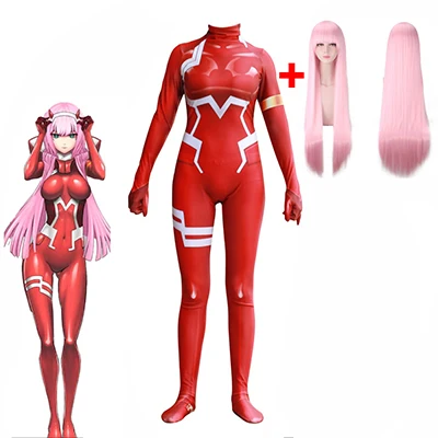 2pcs jumpsuit wig Горячая Zero Two Darling in the Franxx Косплей D Goes аниме 3D Печатный комбинезон Zentai костюм Облегающий комбинезон парик костюм на Хэллоуин - Цвет: 2pcs jumpsuit wig