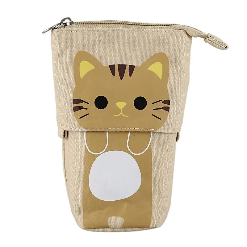 Khaki Холщовый чехол для карандашей с милым котом из мультфильма с застежкой-молнией - Цвет: Khaki