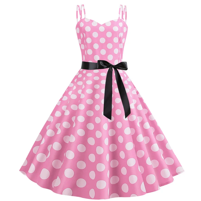 Женское винтажное платье в горошек Audrey Hepburn розовое стиле ретро готическом