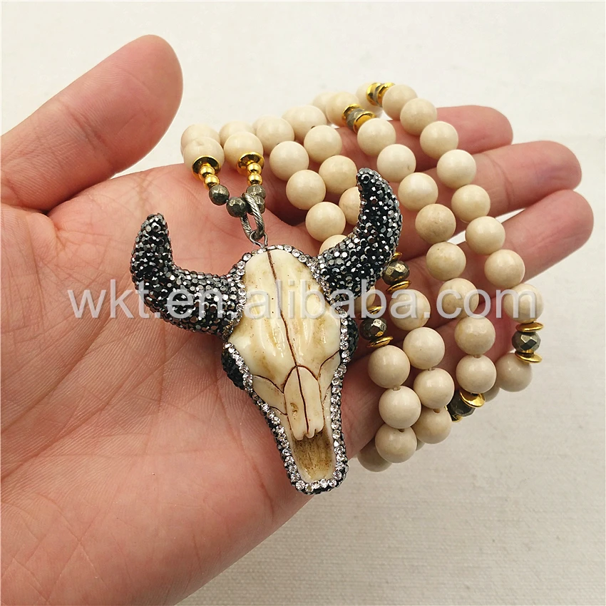 WT-N859 New 8mm Round Cream Fossil Beads Necklace With Natural Buffalo Horn Cattle Head Charm Pendant in 32 inch | Украшения и