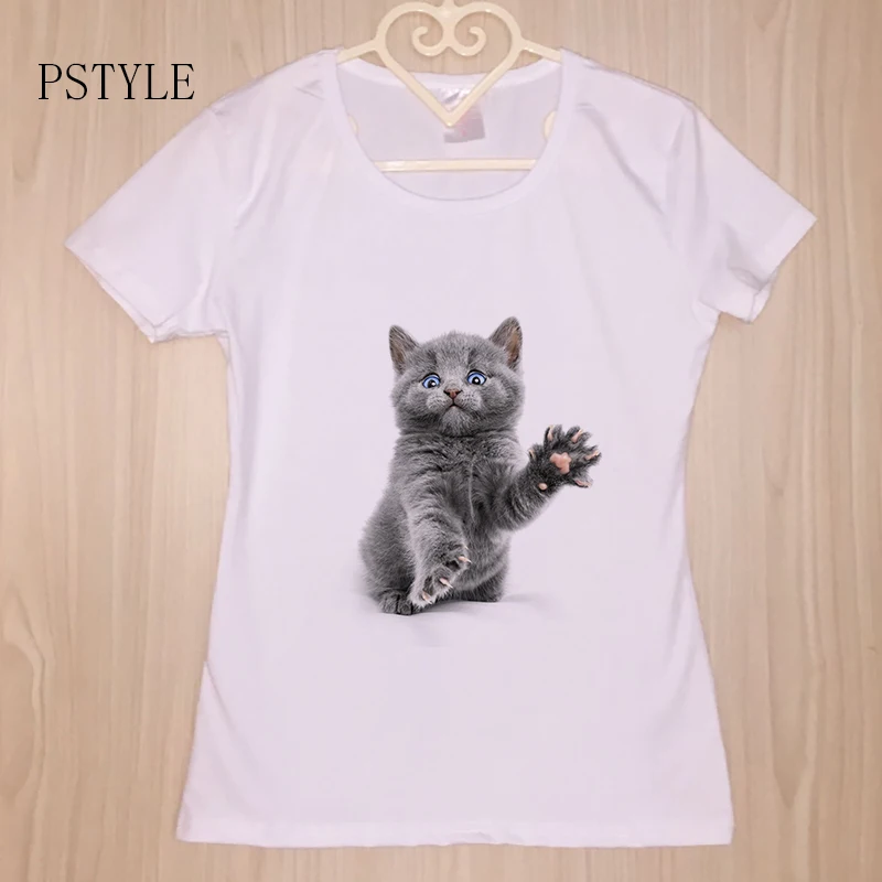 PSTYLE Tshirt 2018 Summer Short Sleeve Women T-shirts Kawaii Animal Cat Casual T Shirt Fashion Tops O-Neck Modal | Женская одежда