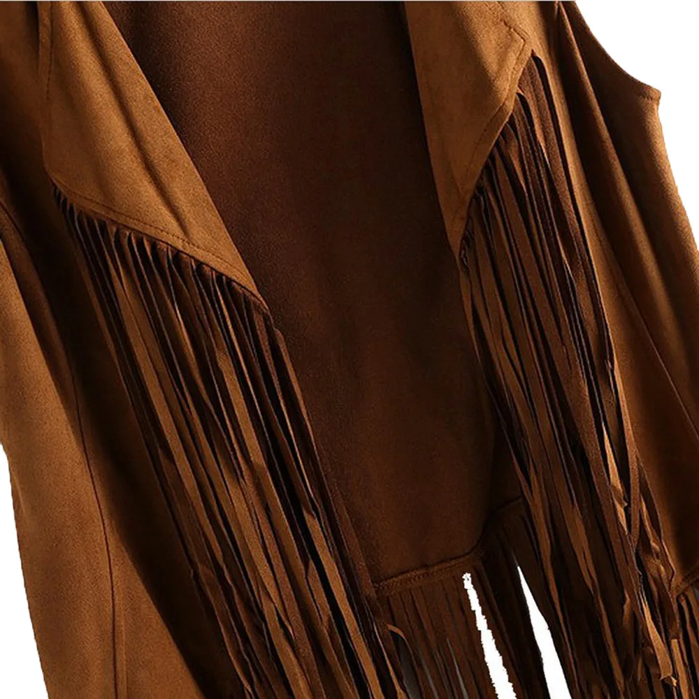 

Vintage Vest Women Autumn Winter Suede Ethnic Sleeveless Tassels Fringed Vest Cardigan colete feminino