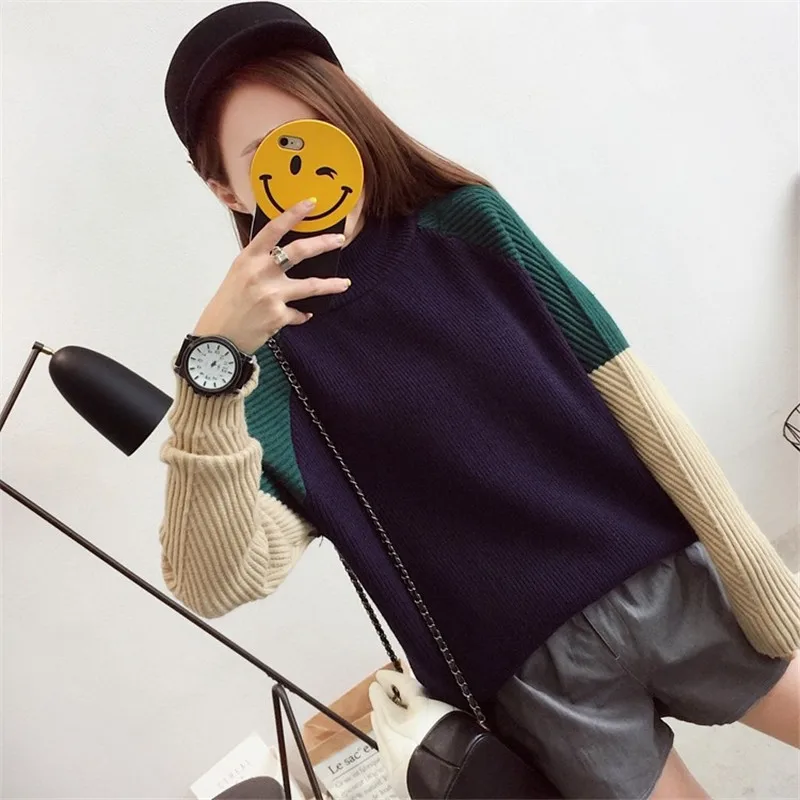 2017 Women's Autumn Winter Street Style V-Neck Knitted Sweater Color Block Coat Woman Patchwork Loose Pullovers Girl Sweaters | Женская
