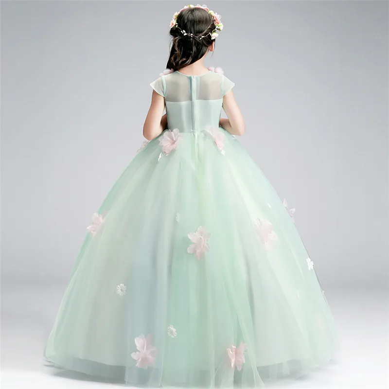 

2021Summer Elegant Children Girls Hand-made Flowers Birthday Marriage Party Princess Long Dress Model Show Catwalk Piano Dress