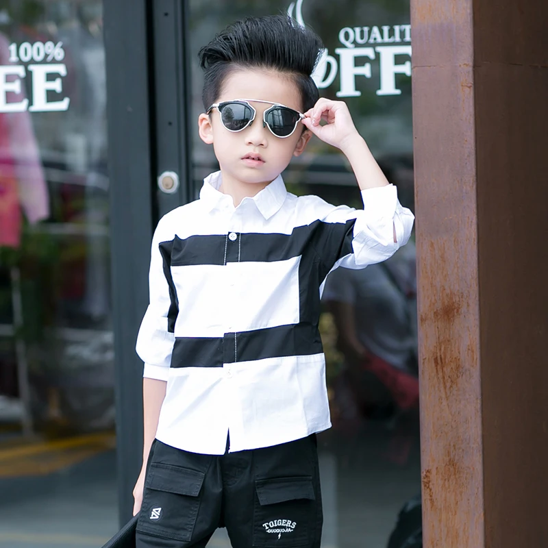VearDoller Casual Children's Tops Summer Autumn Long Sleeve Cotton Kids Shirts Black White Patchwork Boys Shirts 2-8Years