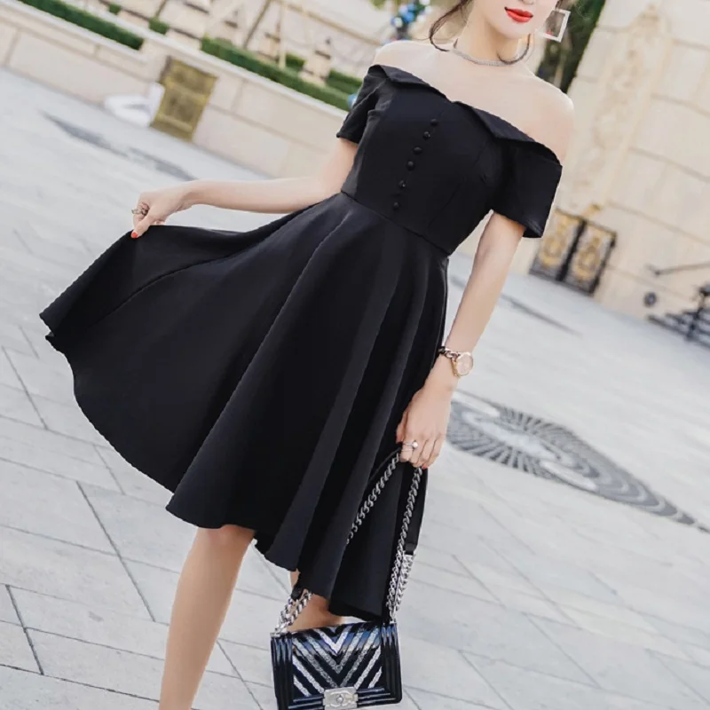 Одноцветное Винтаж голое плечо Комплект Талия Кнопка Line платье с открытыми