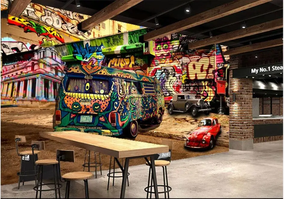 Пользовательские фото 3d комнатные обои в стиле хип-хоп граффити автобус KTV бар