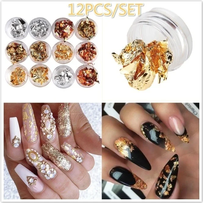 Новые 12 Горшков/набор золотые наклейки для ногтей Серебряная чешуйчатая Фольга
