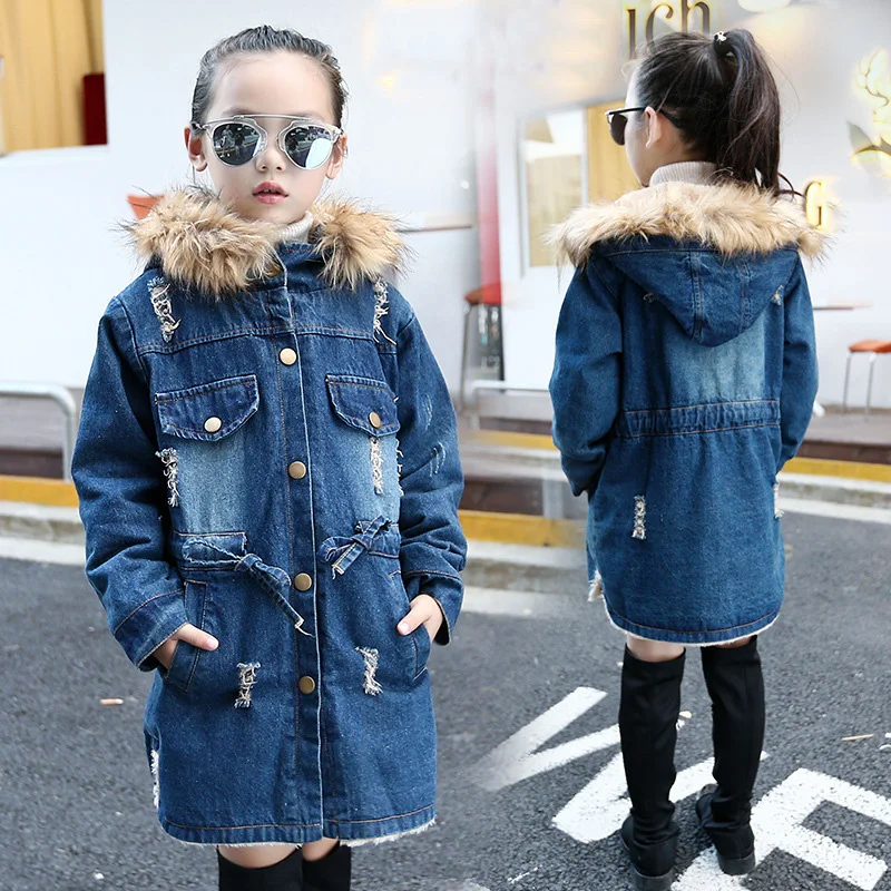 Зимняя куртка для девочек детская одежда джинсовые куртки длинная теплая