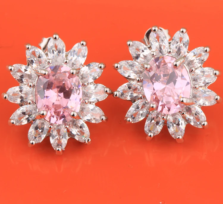 Сверкающие розовые циркониевые Посеребренные Ювелирные наборы серьги кулон