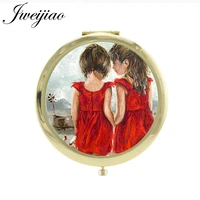 jweijiao red clothes sisters portable mirror 2019 brand metal beauty health compact mirror 1x2x magnifying fairy st92